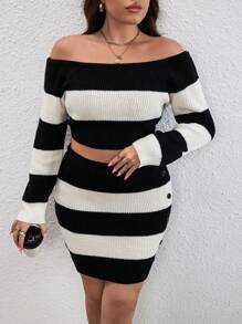 SHEIN LUNE Hơn Hai âm Off Shoulder Áo len Crop & Váy dệt kim - Đen và trắng - Xem 4