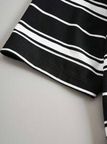 ROMWE MEN Prep 男士條紋和字母圖案T恤 - 黑與白 - 查看 3