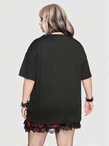 ROMWE Anime 加上人物和骷髅印花落肩夏季 T 恤，学校 - 黑色 - 查看 3