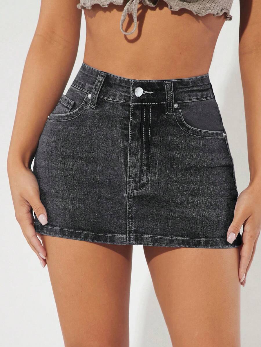 SHEIN PETITE 素色緊身牛仔半身裙 - 深灰色 - 查看 1