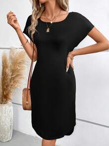 SHEIN Frenchy Solid Batwing Sleeve Tee Dress - Black - View 5