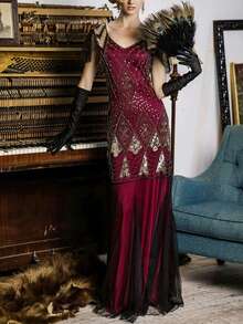 亮片拼接網紗覆蓋魚尾裙下擺連衣裙 - 彩色 - 查看 4