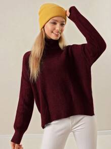 EURMUSE Solid Turtleneck Drop Shoulder Sweater - Burgundy - View 5