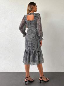 RueChic Allover Print Flare Sleeve Ruffle Hem Dress - Black and White - View 2