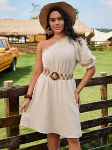 SHEIN VCAY Đầm Plus Size viền lá sen màu trơn Boho - Màu be - Xem 1