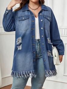 SHEIN Essnce Plus Ripped Fringe Hem Denim Jacket - Medium Wash - View 6