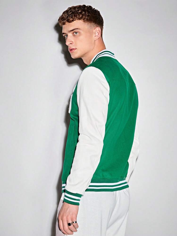 Men Letter Patched Striped Trim Colorblock Varsity Jacket