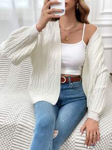 SHEIN Frenchy Cable Knit Drop Shoulder Cardigan - White - View 4