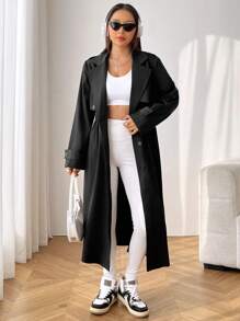 SHEIN EZwear 西裝領腰帶風衣外套 - 黑色 - 查看 3