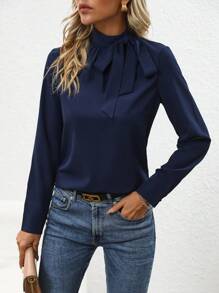 SHEIN Clasi Tie Neck Solid Blouse - Blue - View 1