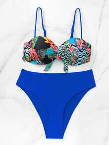 Tropical Print Push Up Bikini Set - Multicolor - View 7