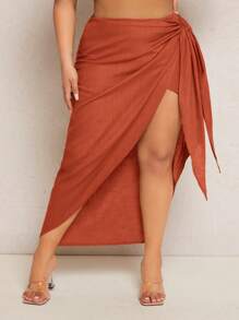 SHEIN SXY 大碼素色側打結圍裹下擺半身裙 - 棕色 - 查看 1