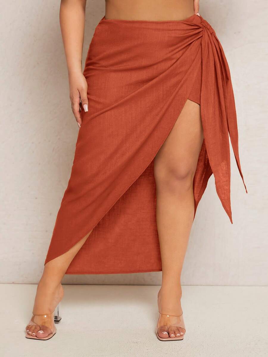 SHEIN SXY 大碼素色側打結圍裹下擺半身裙 - 棕色 - 查看 1