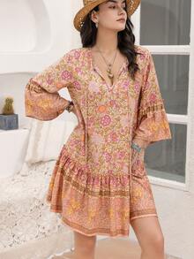 Rusttydustty In hoa tay áo lá sen Xù Hoa Sen Váy Smock - Màu Cam san hô - Xem 5