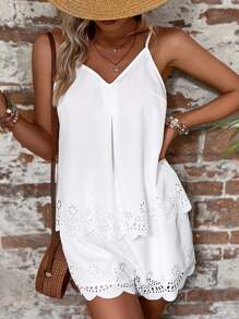 Breezaya Hollow Cut Scallop Trim Split Back Cami Top & Shorts