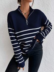Calvaya Striped Pattern Half Zip Drop Shoulder Jumper - Royal Blue - View 6