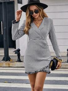 SHEIN Clasi 千鳥格印花毛邊緣洋裝 - 黑與白 - 查看 1