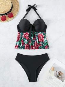 Tropical Print Ruffle Hem Tankini - Black - View 3