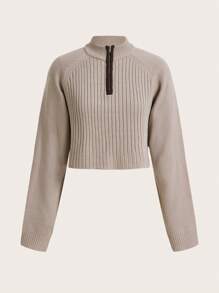 SHEIN BASICS Một nửa khóa kéo Đồ đan Ribbed Áo len Crop - Màu be - Xem 7