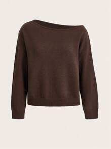 SHEIN BASICS Solid Asymmetrical Neck Drop Shoulder Jumper - Chocolate Brown - View 7