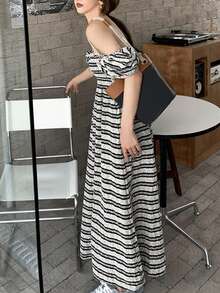 Striped Puff Sleeve Shirred Dress - Grey - View 5