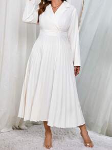 SHEIN Privé Plus Lapel Neck Pleated Hem Dress - White - View 6