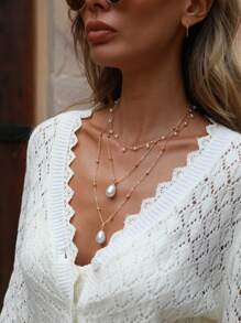 2 cái/bộ Đồ trang trí Ngọc Trai giả Vòng cổ nhiều lớp - Vàng - Xem 4