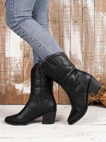 女式秋冬戶外優雅西部風格靴子，女性牛仔靴 - 黑色 - 查看 9