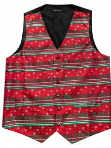 Men's Christmas Print V-Neck Single-Breasted Vest, Suitable For Holiday Party Occasions - Red - View 5