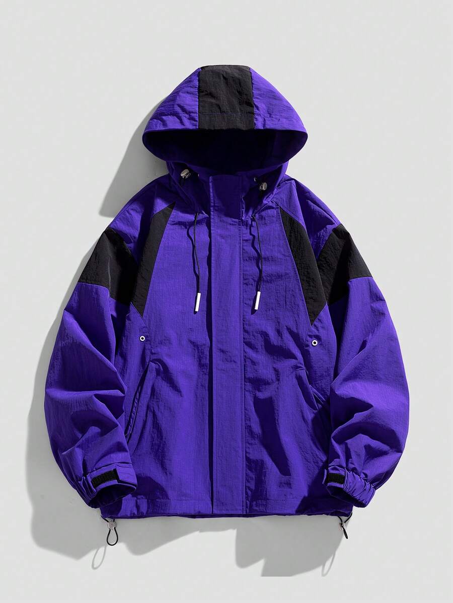 Men Colorblock Drawstring Hem Hooded Jacket