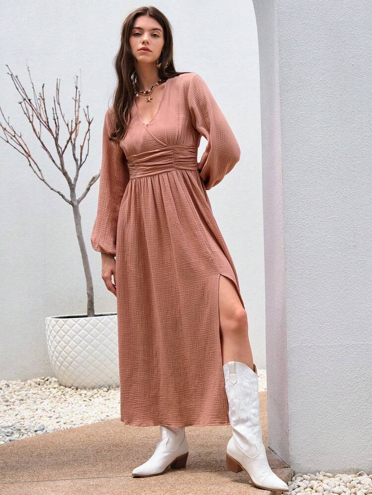 Lantern Sleeve Split Thigh Dress