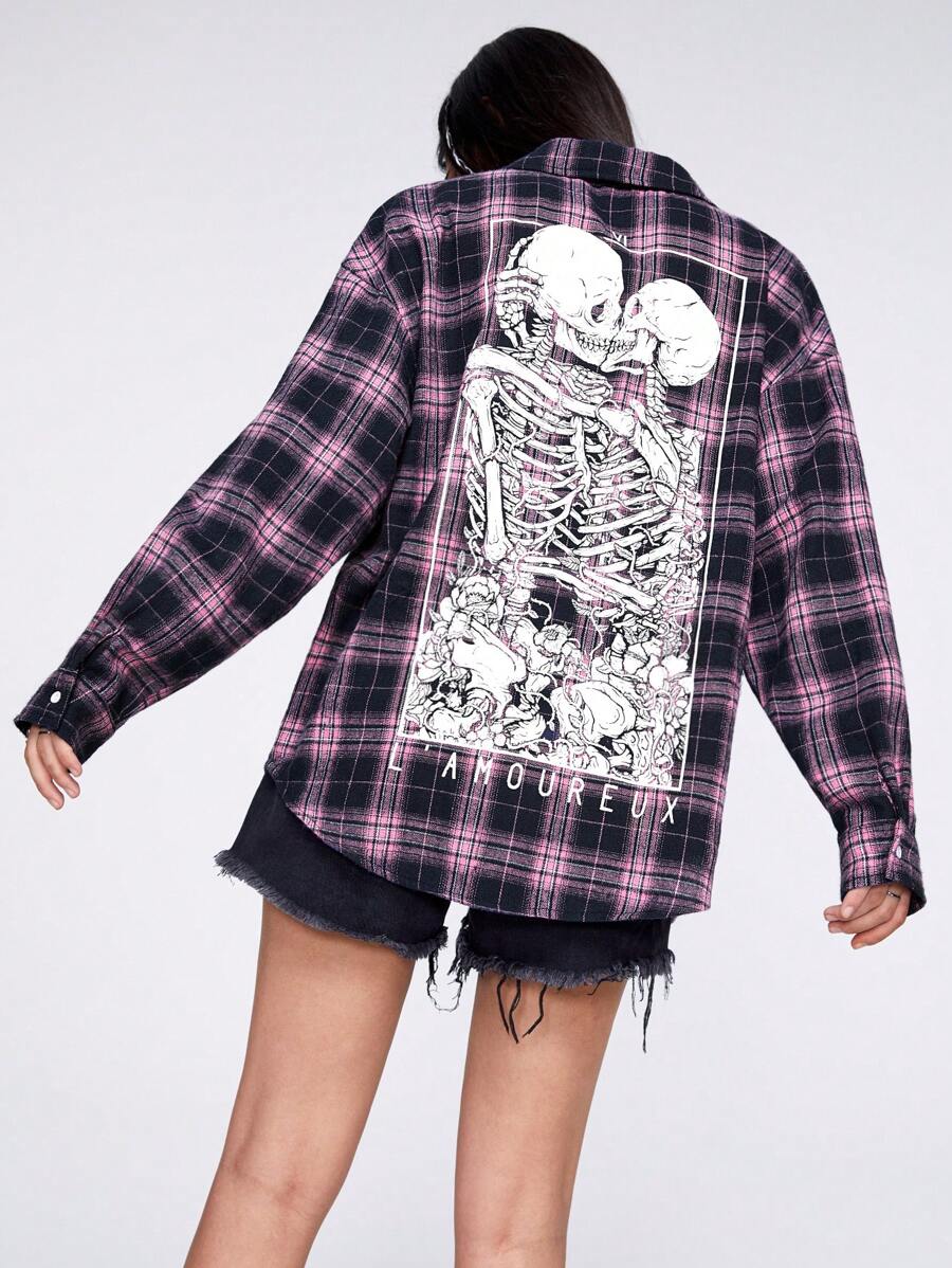 Y2Kool Deniart Camisa de algodón con estampado de calavera oscura y estampado de cuadros, para vacaciones, vacaciones, primavera y verano, playa, festival, ajustes de Ibiza, ropa occidental, salida, colección de ropa de otoño e invierno, atuendos de Año Nuevo