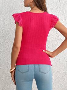 SHEIN VCAY Camiseta con encaje en contraste schiffy ribete con fruncido con textura - Rosa Fucsia - Ver 2