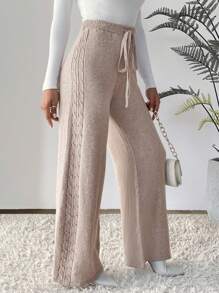 SHEIN LUNE Drawstring Waist Wide Leg Knit Trousers - Khaki - View 4