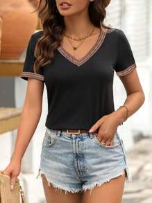 EMERY ROSE 拼接邊V領T恤