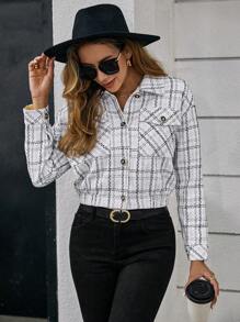 SHEIN Clasi Plaid Pattern Flap Pocket Drop Shoulder Jacket - White - View 5