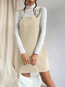 SHEIN EZwear Váy liền quần túi vá không có áo len, nút cài thường ngày cho nữ, dây đeo không tay túi vừa vặn màu mơ ngắn, yếm trơn cho nữ, váy ngắn mùa xuân/thu, trang phục thường ngày thường ngày - Màu be - Xem 5
