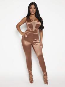 SHEIN SXY 嵌入網紗彈力緊身連體褲 - 杏色 - 查看 1