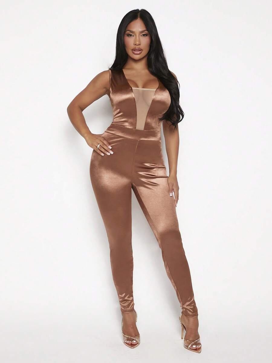 SHEIN SXY 嵌入網紗彈力緊身連體褲 - 杏色 - 查看 1