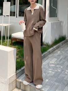 DAZY Contrast Polo Neck Drop Shoulder Sweater & Knit Pants Fall - Khaki - View 8