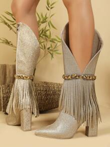 Kim loại Kết cấu Pointed Toe Dày Gót chân Phong cách phương Tây Giày Boots Cowboy Với Đồ trang trí Rhinestone & Dệt Sọc - Vàng - Xem 6