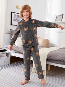SHEIN Cậu bé Tween In Gấu Túi kangaroo áo có mũ Flannel Bộ PJ - Nhiều màu - Xem 2