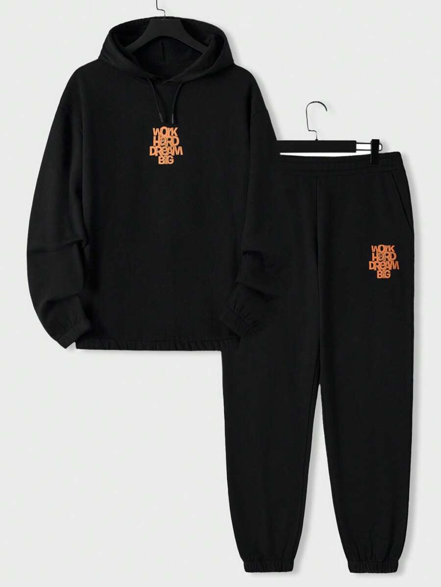RueChic Men Slogan Graphic Drawstring Hoodie & Sweatpants - Black - View 1