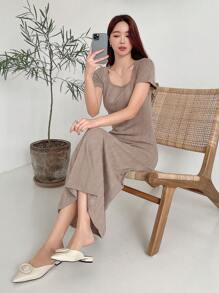 DAZY 素色大圓領魚尾裙下擺連衣裙 - 摩卡棕 - 查看 7