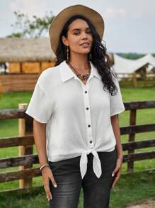 SHEIN VCAY Plus Solid Button Front Knot Hem Shirt - White - View 6