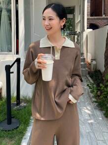 DAZY Contrast Polo Neck Drop Shoulder Sweater & Knit Pants Fall - Khaki - View 6