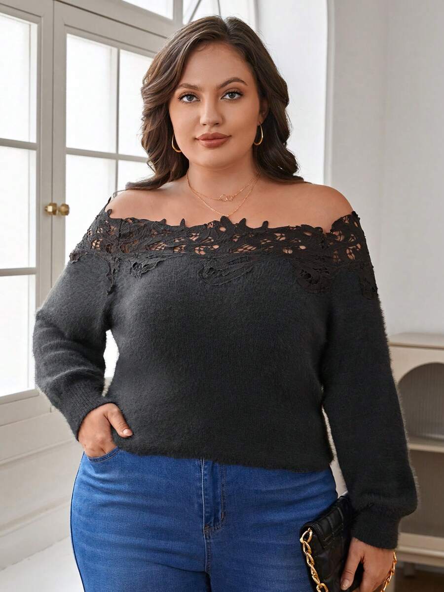 SHEIN Clasi Plus Off Shoulder Guipure Lace Appliques Sweater