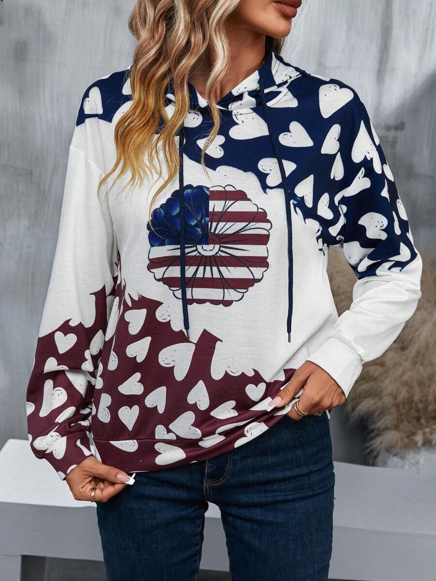 EMERY ROSE Áo hoodie dáng rộng có dây rút, họa tiết hoa và trái tim, thích hợp mặc mùa thu. - trắng - Xem 1