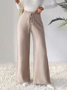 SHEIN LUNE Drawstring Waist Wide Leg Knit Trousers - Khaki - View 5
