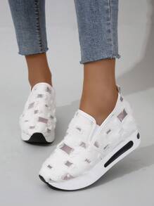 Zapatillas deportivas cuña de mujeres cómodo transpirable sin cordones con grueso suela - Blanco - Ver 3